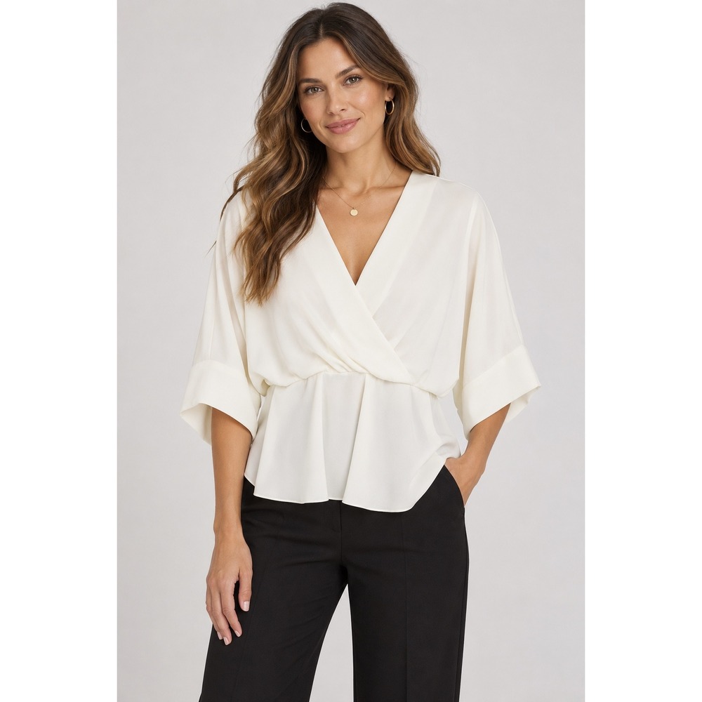 Trina Turk Blouse Women S White Surplice V-Neck Kimono Sleeve Peplum Top